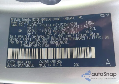 2014 Toyota Highlander Limited V6 z USA, uszkodzony, nr VIN 5TDYKRFH6ES013659